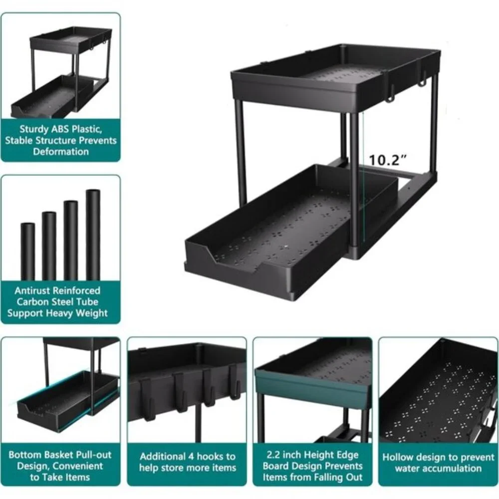 New 2-Pack Under Sink Organizer, 2-Tier Sliding Cabinet Baskets for Kitchen